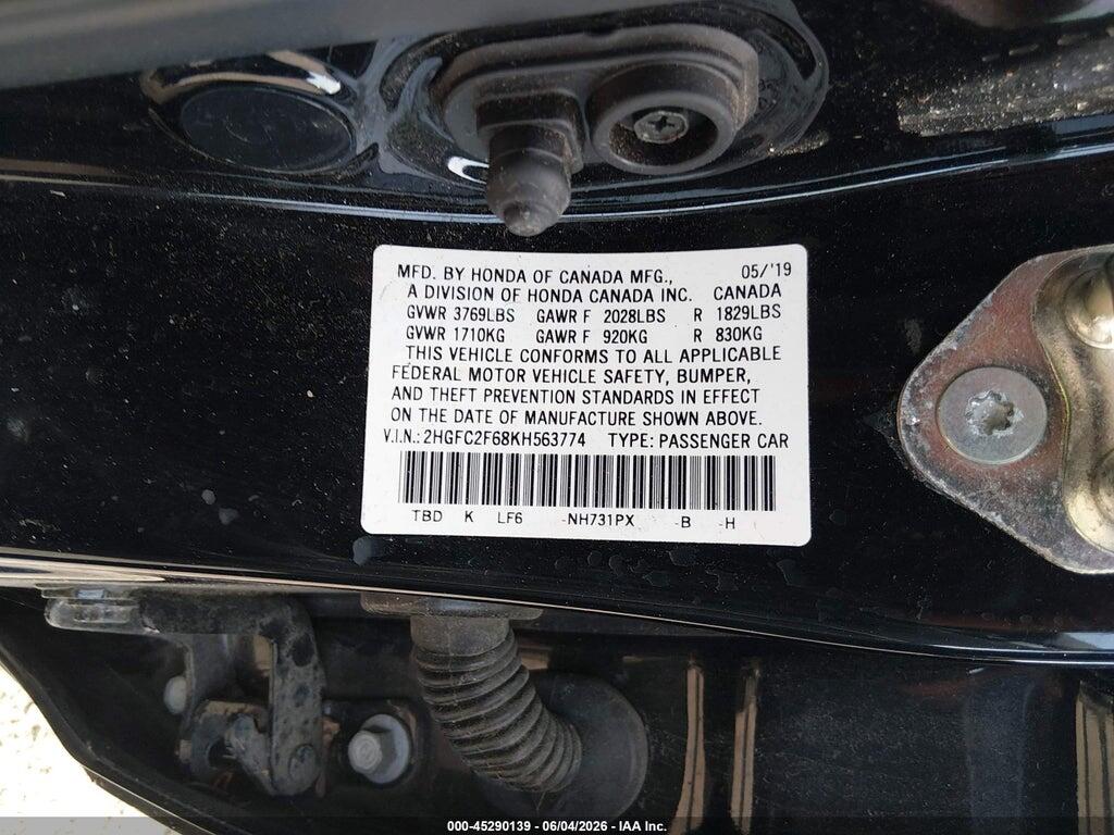 2HGFC2F68KH563774 2019 HONDA CIVIC photo no. 9