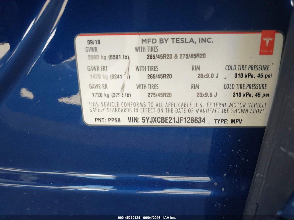 5YJXCBE21JF128634 2018 TESLA MODEL X photo no. 9
