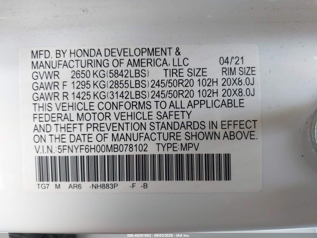 5FNYF6H00MB078102 2021 HONDA PILOT photo no. 9