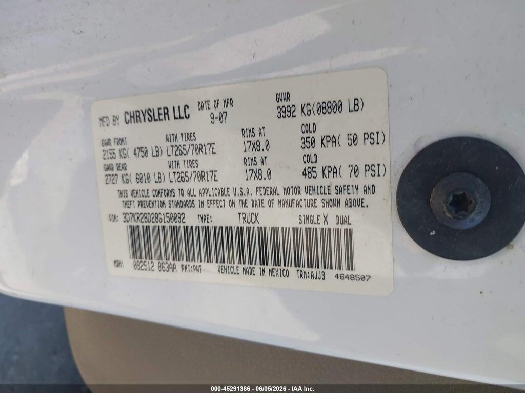 3D7KR28D28G150092 2008 DODGE RAM 2500 photo no. 9