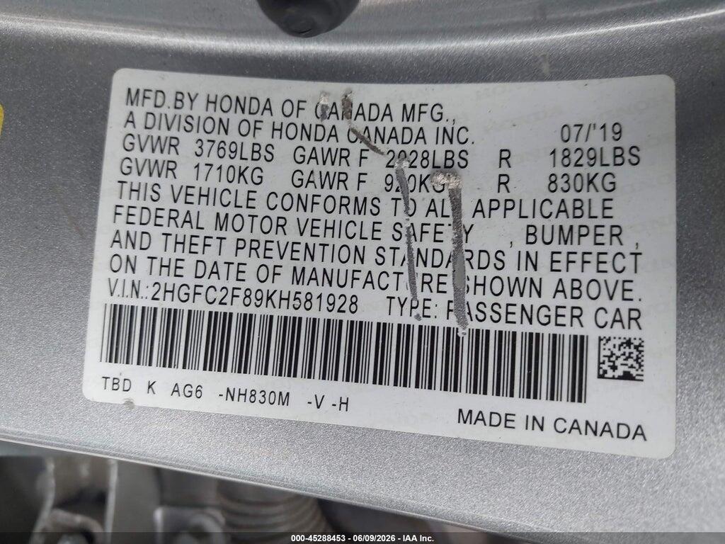 2HGFC2F89KH581928 2019 HONDA CIVIC photo no. 9