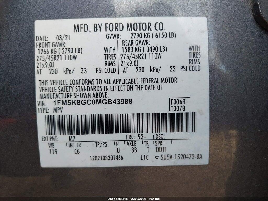 1FM5K8GC0MGB43988 2021 FORD EXPLORER photo no. 9