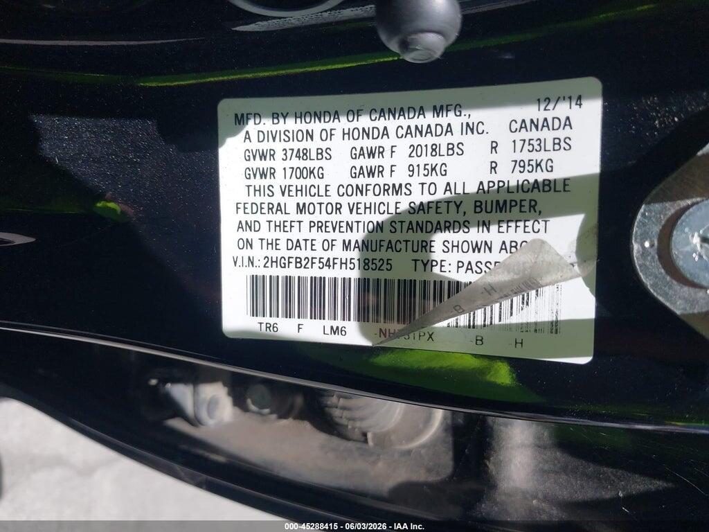 2HGFB2F54FH518525 2015 HONDA CIVIC photo no. 9