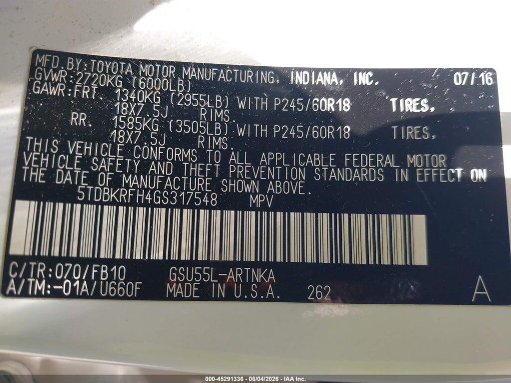 5TDBKRFH4GS317548 2016 TOYOTA HIGHLANDER photo no. 9