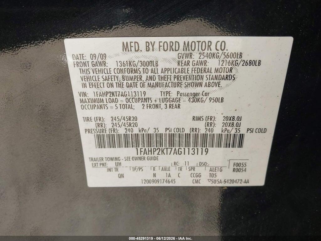1FAHP2KT7AG113119 2010 FORD TAURUS photo no. 9
