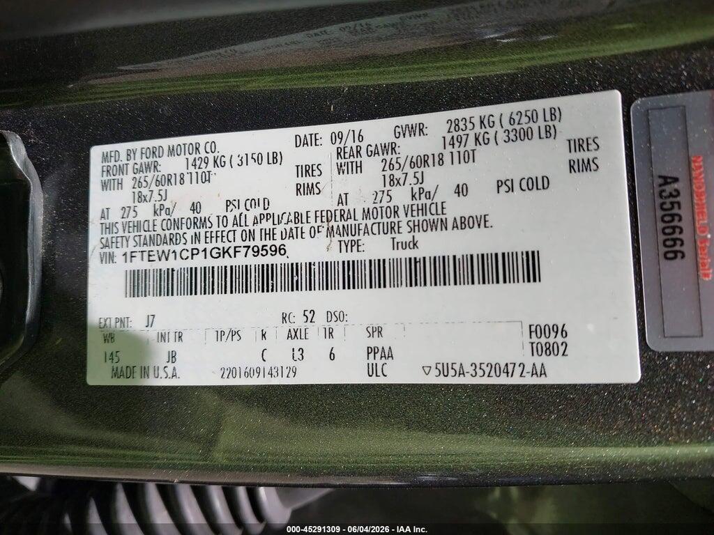 1FTEW1CP1GKF79596 2016 FORD F-150 photo no. 9