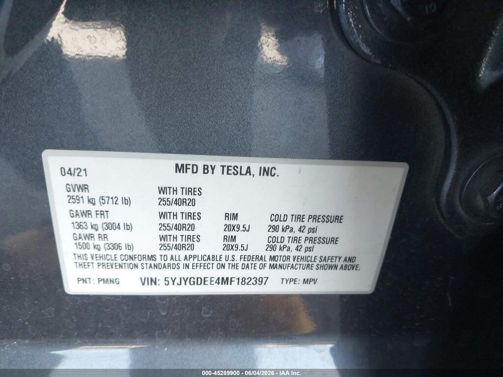 5YJYGDEE4MF182397 2021 TESLA MODEL Y photo no. 9
