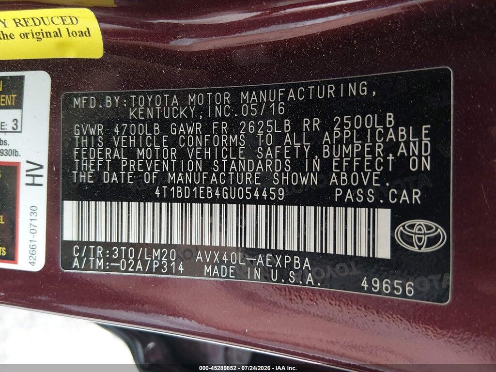 4T1BD1EB4GU054459 2016 TOYOTA AVALON HYBRID photo no. 9