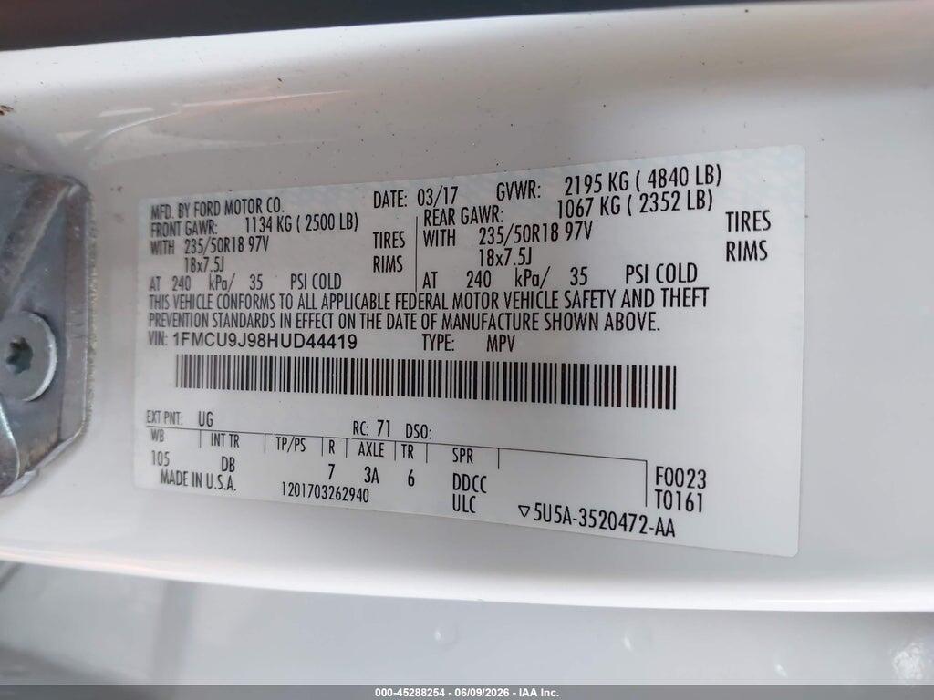 1FMCU9J98HUD44419 2017 FORD ESCAPE photo no. 9