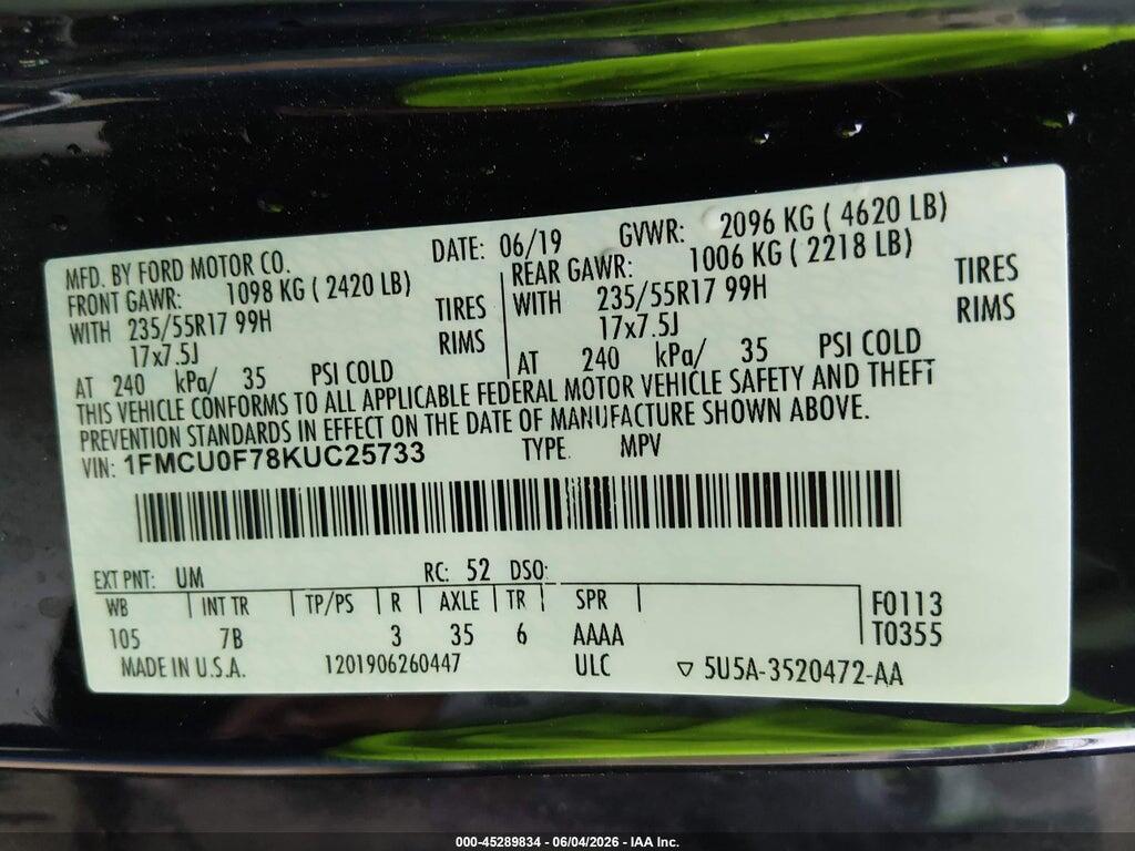 1FMCU0F78KUC25733 2019 FORD ESCAPE photo no. 9