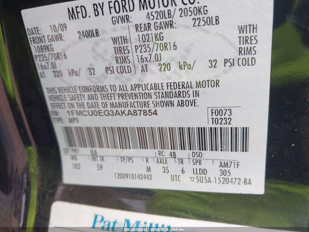 1FMCU0EG3AKA87854 2010 FORD ESCAPE photo no. 9