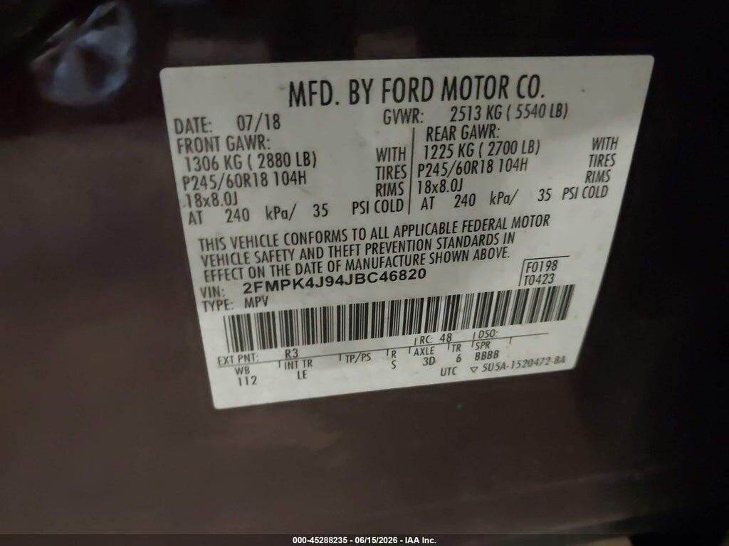 2FMPK4J94JBC46820 2018 FORD EDGE photo no. 9