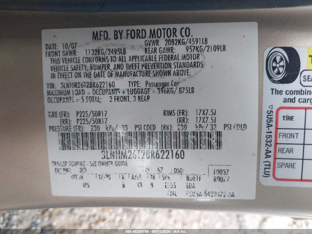 3LNHM26T28R622160 2008 LINCOLN MKZ photo no. 9