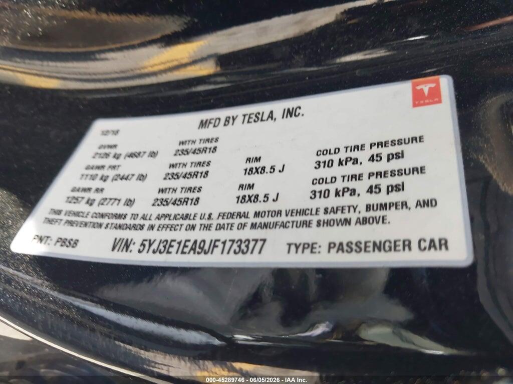 5YJ3E1EA9JF173377 2018 TESLA MODEL 3 photo no. 9