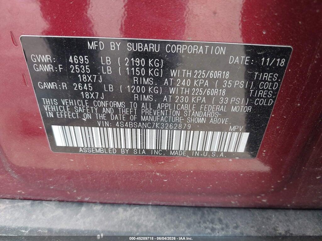 4S4BSANC7K3262879 2019 SUBARU OUTBACK photo no. 9