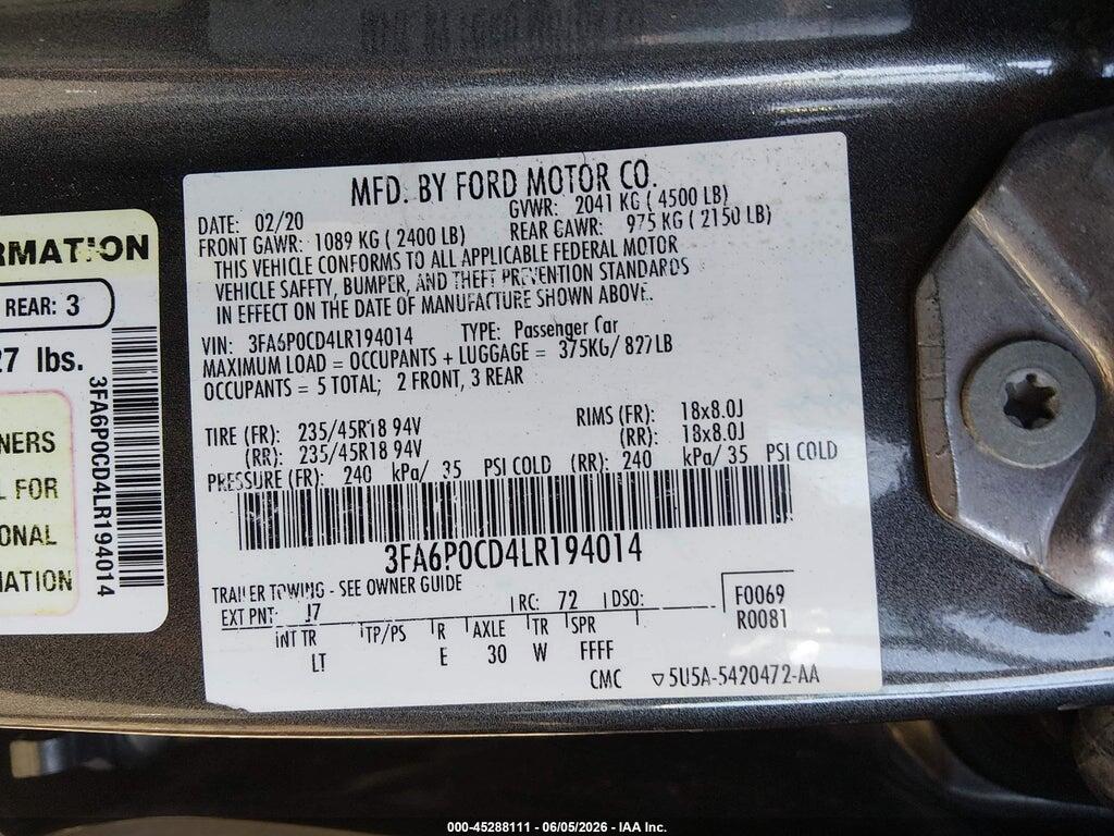 3FA6P0CD4LR194014 2020 FORD FUSION photo no. 9