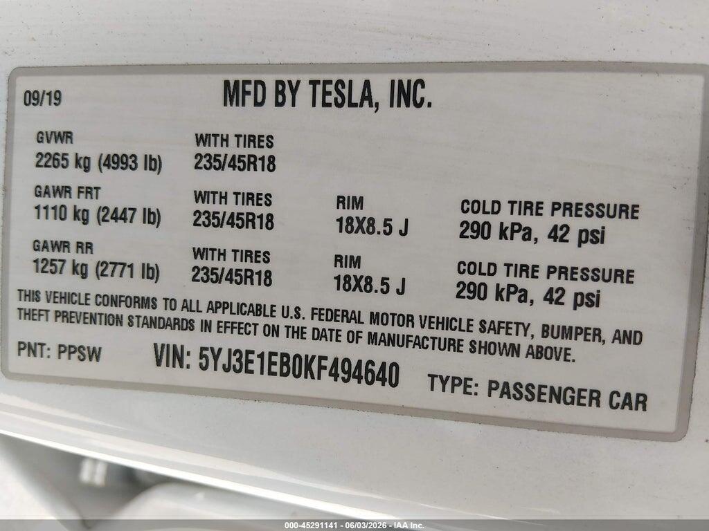 5YJ3E1EB0KF494640 2019 TESLA MODEL 3 photo no. 9