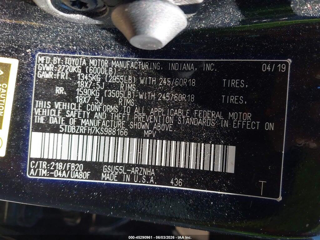 5TDBZRFH7KS988166 2019 TOYOTA HIGHLANDER photo no. 9
