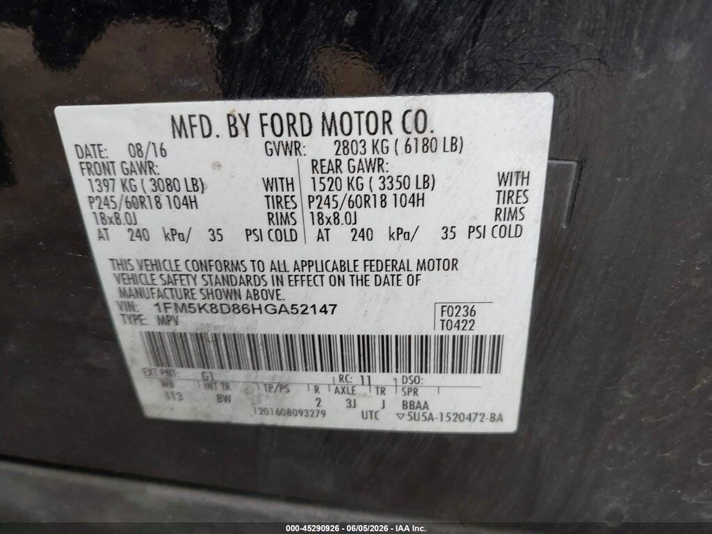 1FM5K8D86HGA52147 2017 FORD EXPLORER photo no. 9