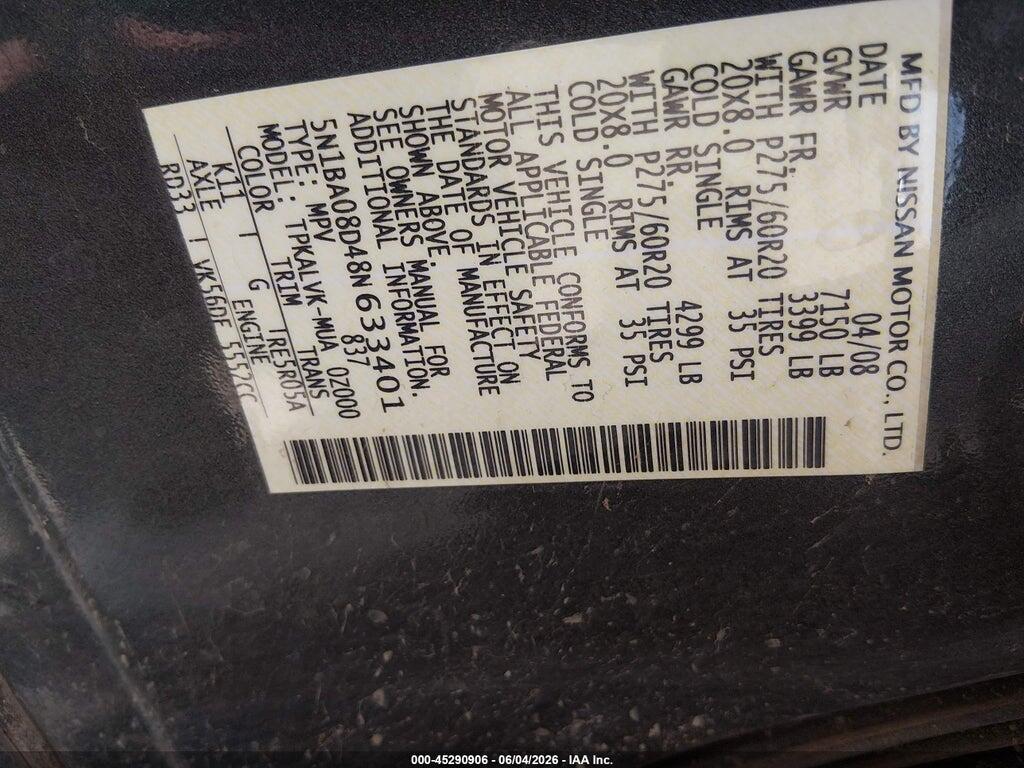 5N1BA08D48N633401 2008 NISSAN ARMADA photo no. 9