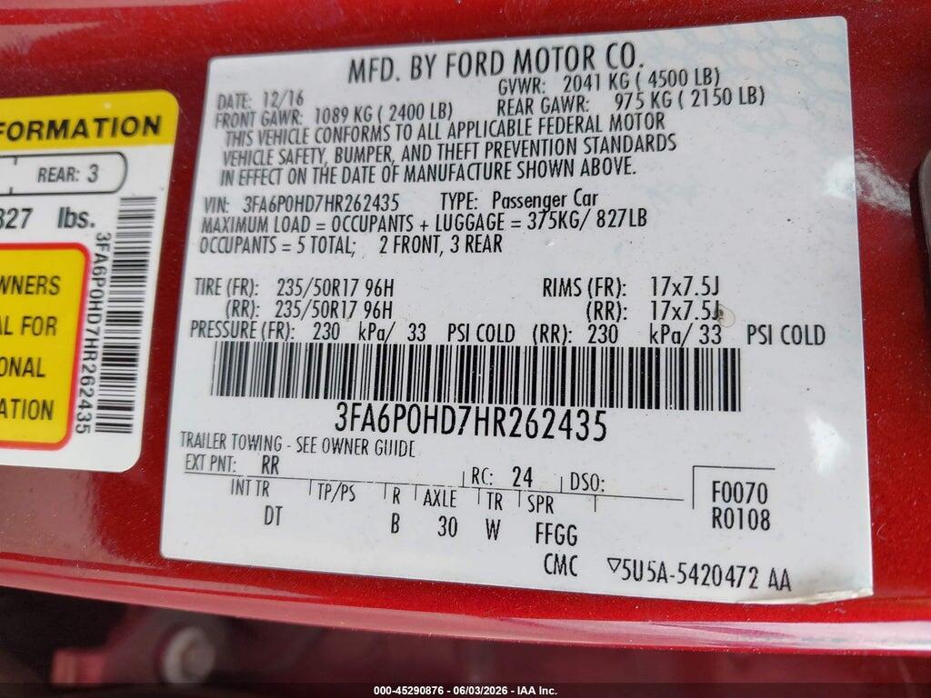 3FA6P0HD7HR262435 2017 FORD FUSION photo no. 9