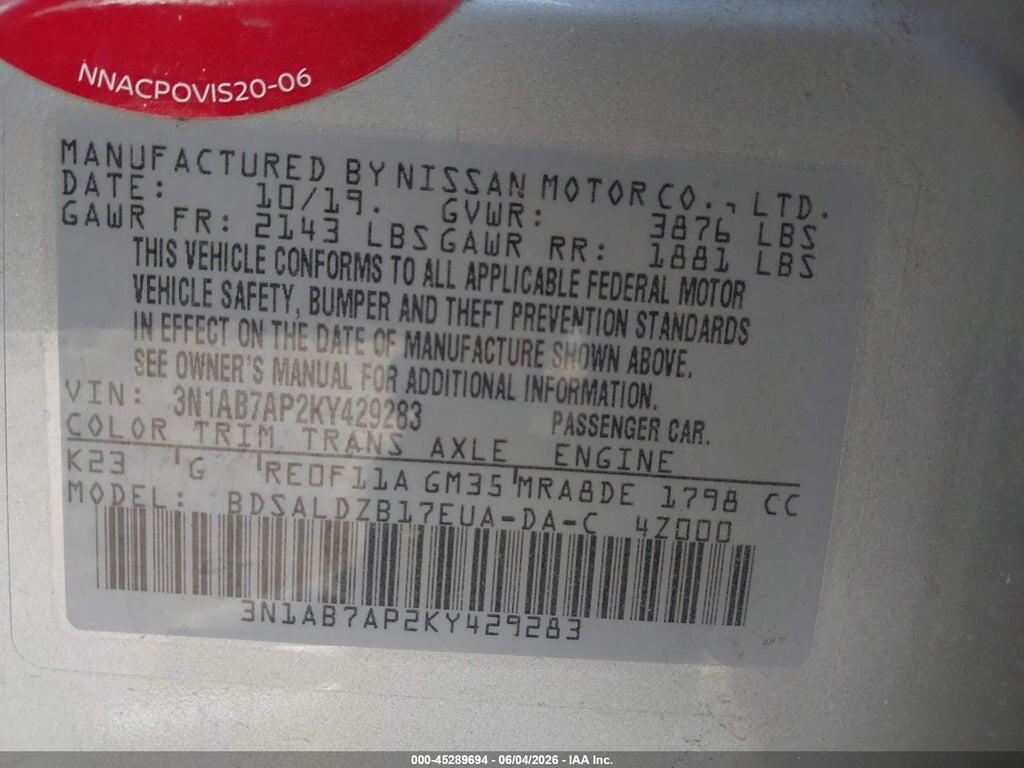 3N1AB7AP2KY429283 2019 NISSAN SENTRA photo no. 9