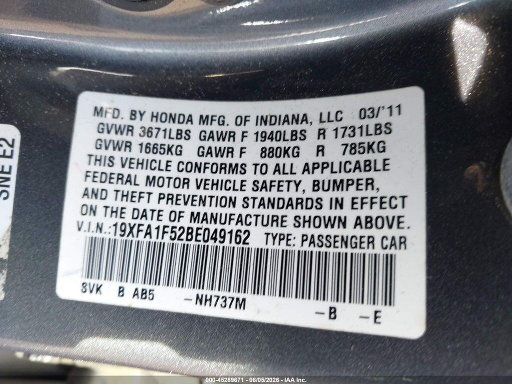 19XFA1F52BE049162 2011 HONDA CIVIC photo no. 9