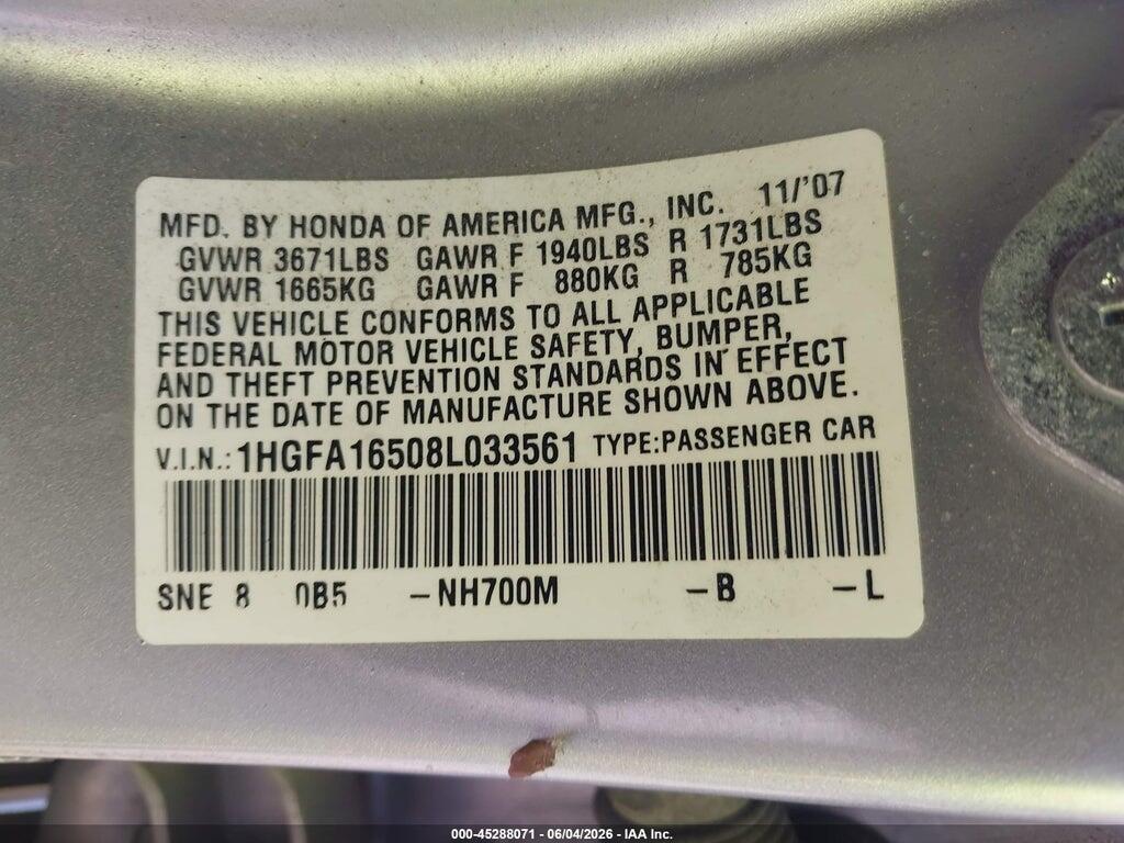 1HGFA16508L033561 2008 HONDA CIVIC photo no. 9