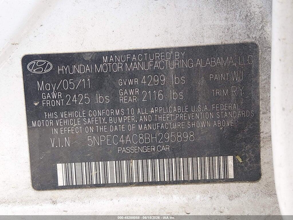 5NPEC4AC8BH295898 2011 HYUNDAI SONATA photo no. 9