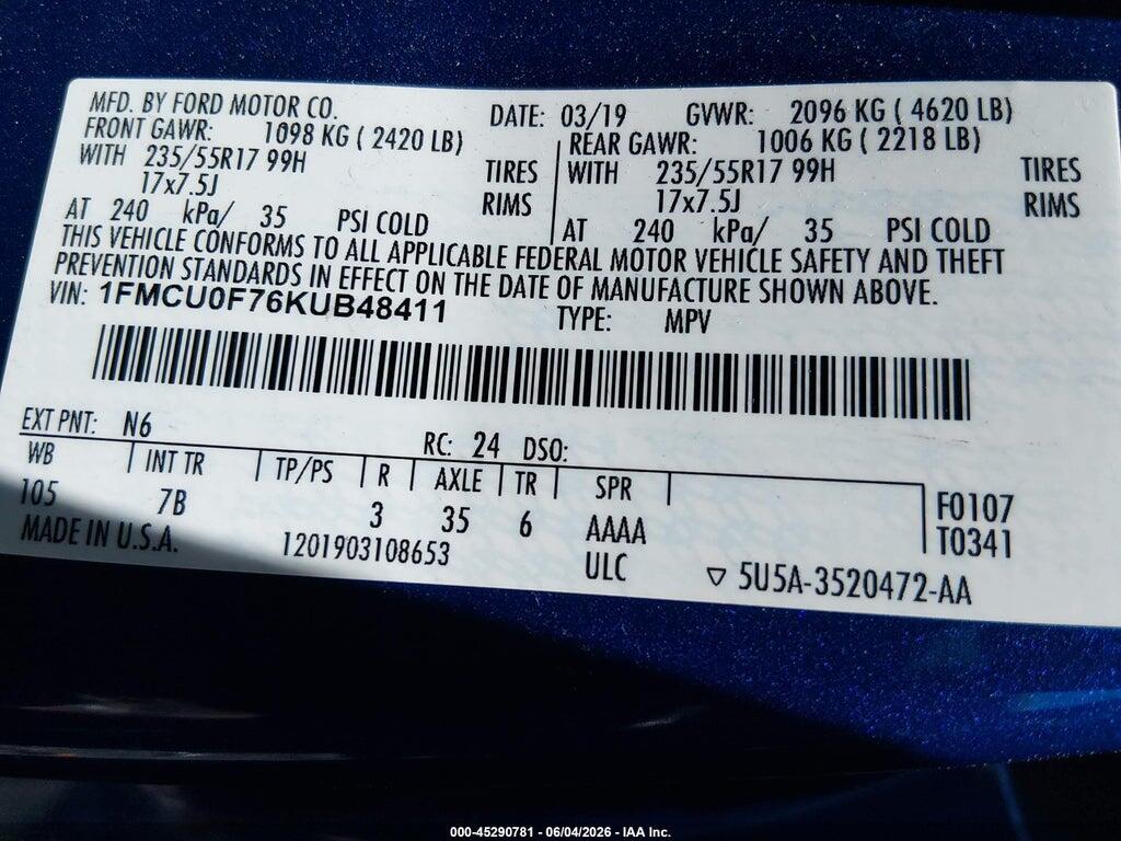 1FMCU0F76KUB48411 2019 FORD ESCAPE photo no. 9