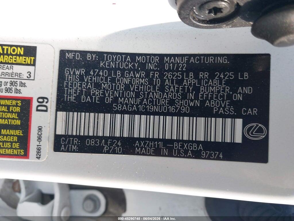 58AGA1C19NU016790 2022 LEXUS ES 300H photo no. 9