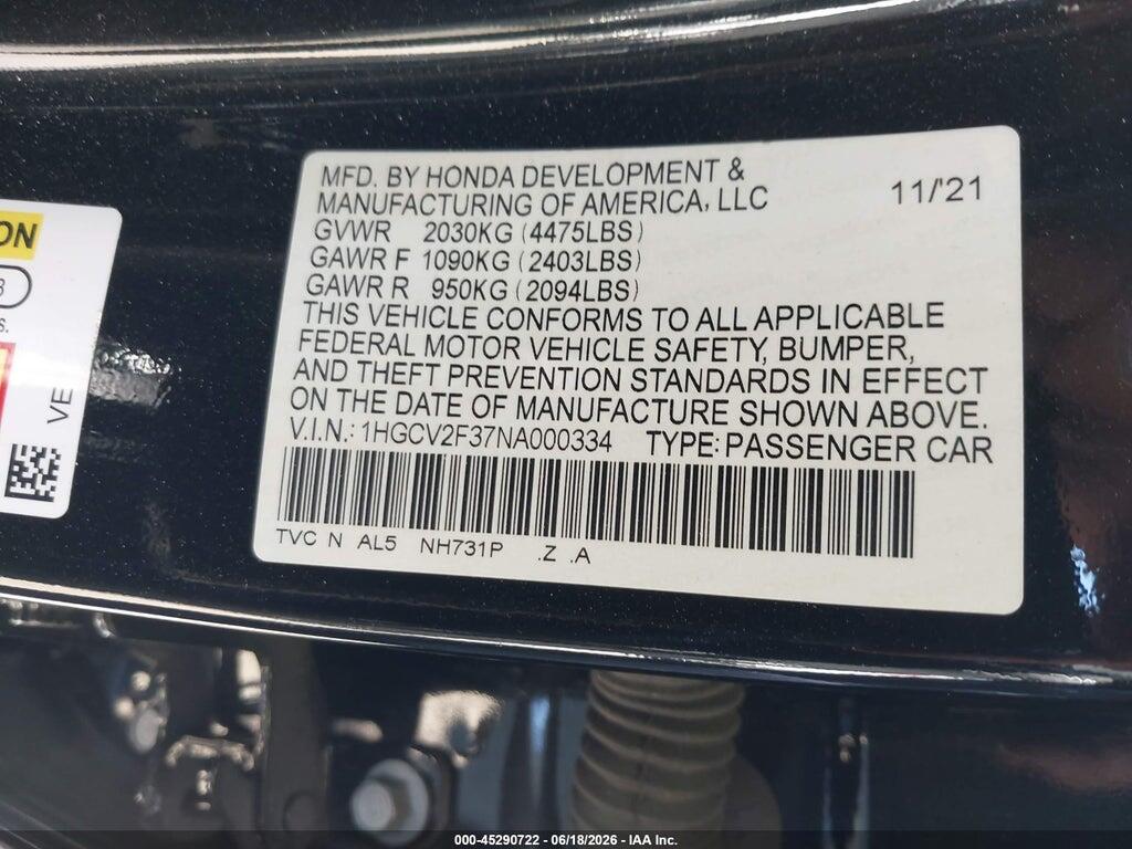1HGCV2F37NA000334 2022 HONDA ACCORD photo no. 9