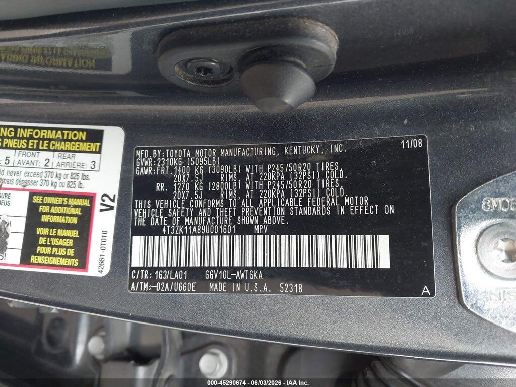 4T3ZK11A89U001601 2009 TOYOTA VENZA photo no. 9