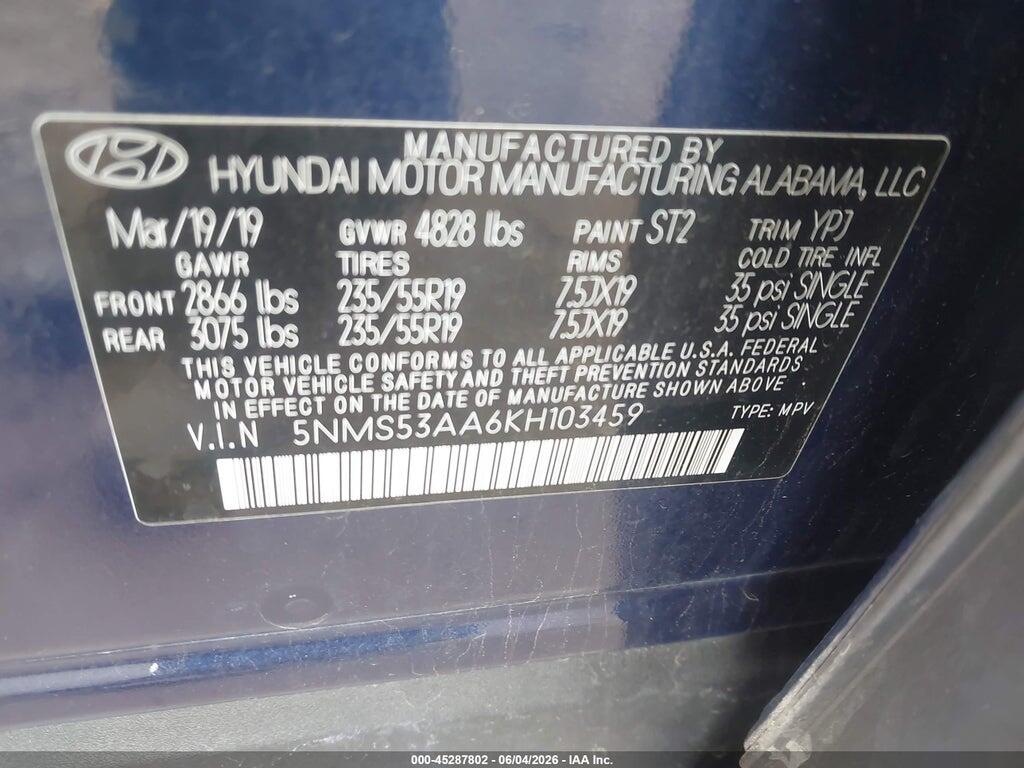 5NMS53AA6KH103459 2019 HYUNDAI SANTA FE photo no. 9