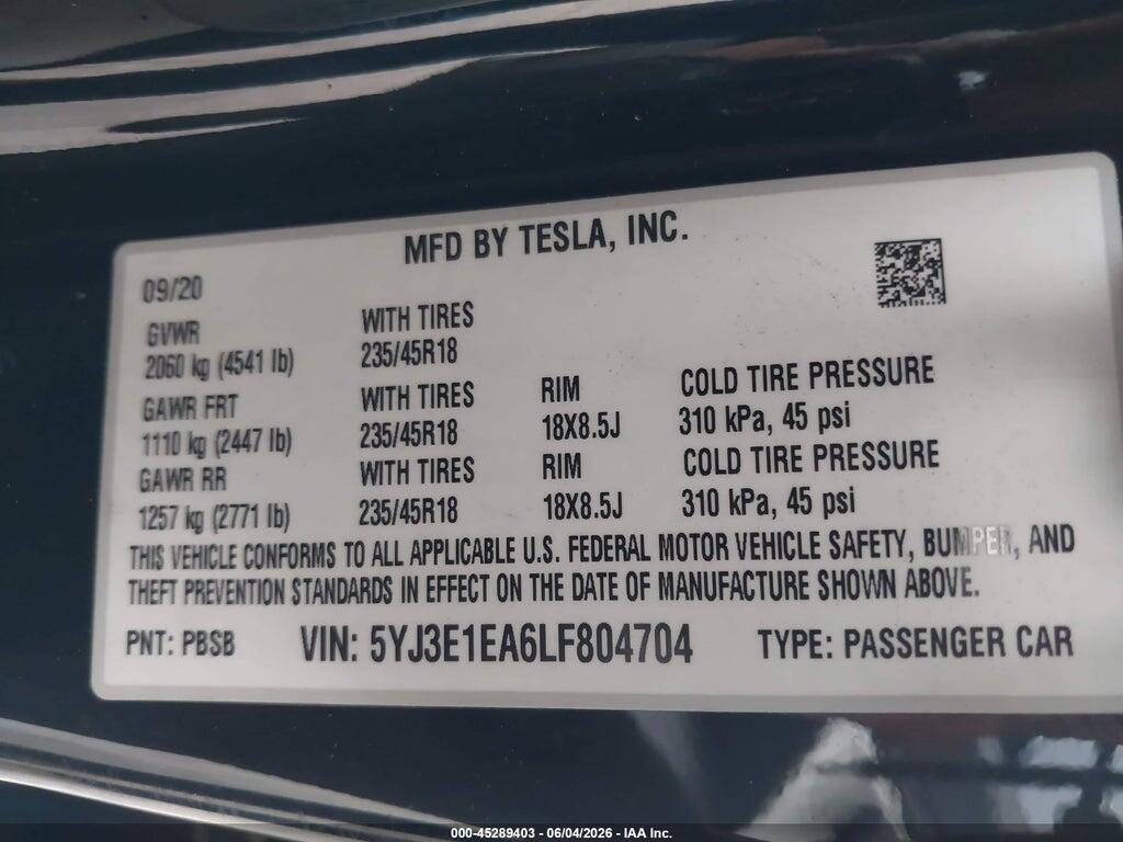 5YJ3E1EA6LF804704 2020 TESLA MODEL 3 photo no. 9