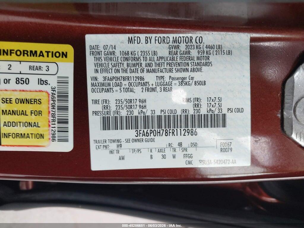 3FA6P0H78FR112986 2015 FORD FUSION photo no. 9