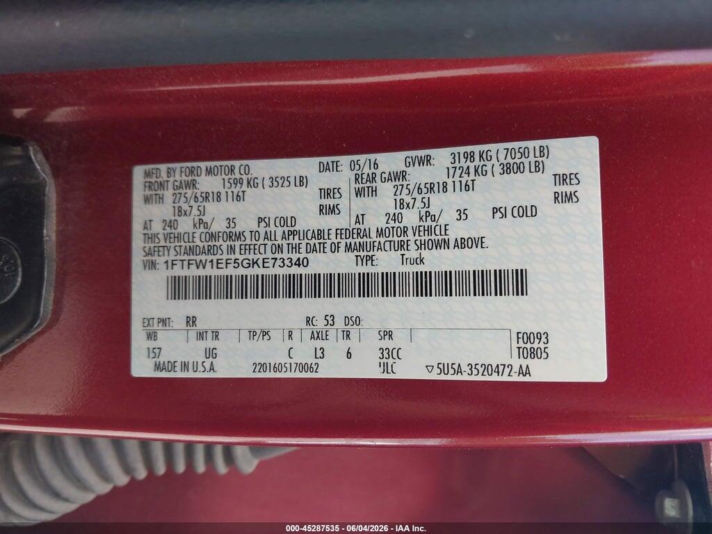 1FTFW1EF5GKE73340 2016 FORD F-150 photo no. 9