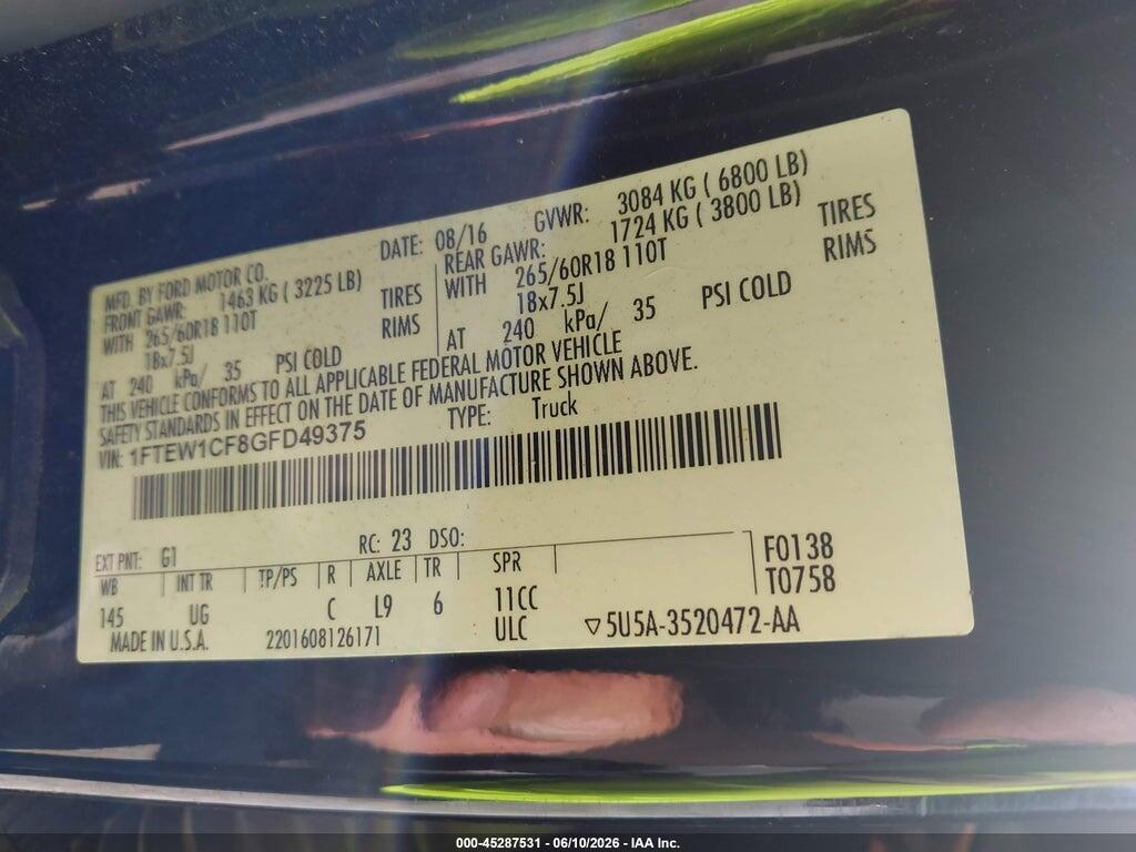1FTEW1CF8GFD49375 2016 FORD F-150 photo no. 9