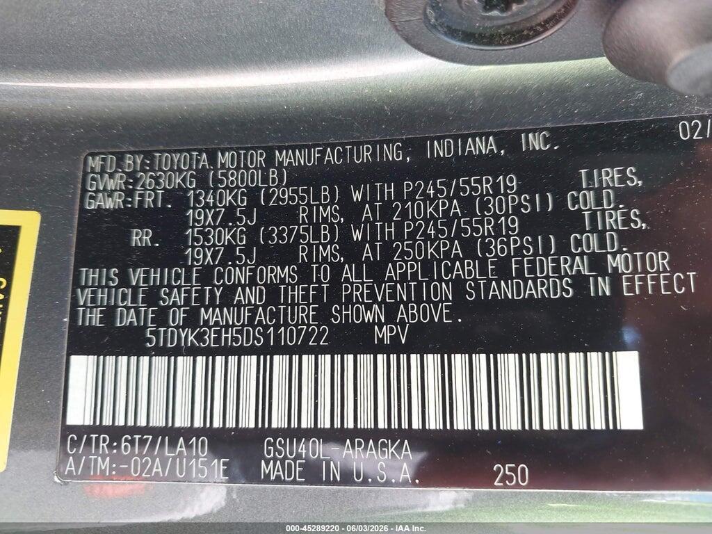 5TDYK3EH5DS110722 2013 TOYOTA HIGHLANDER photo no. 9