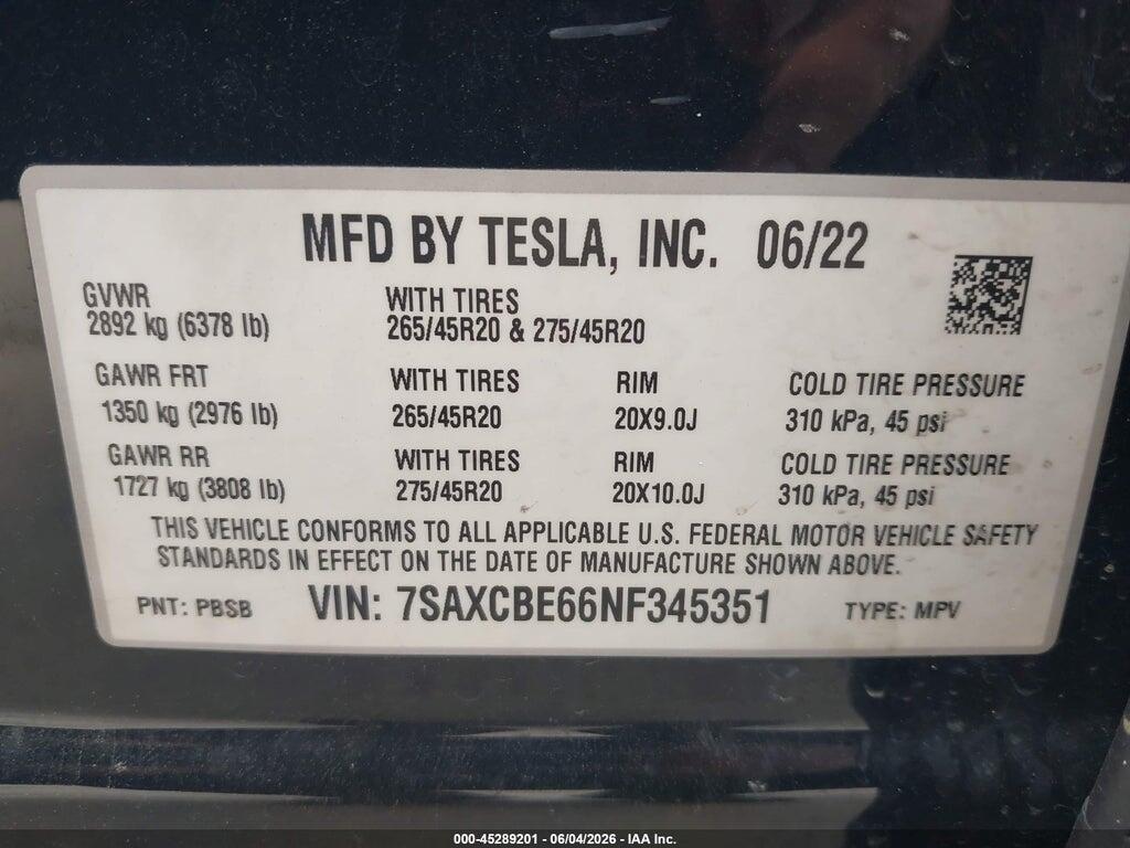 7SAXCBE66NF345351 2022 TESLA MODEL X photo no. 8