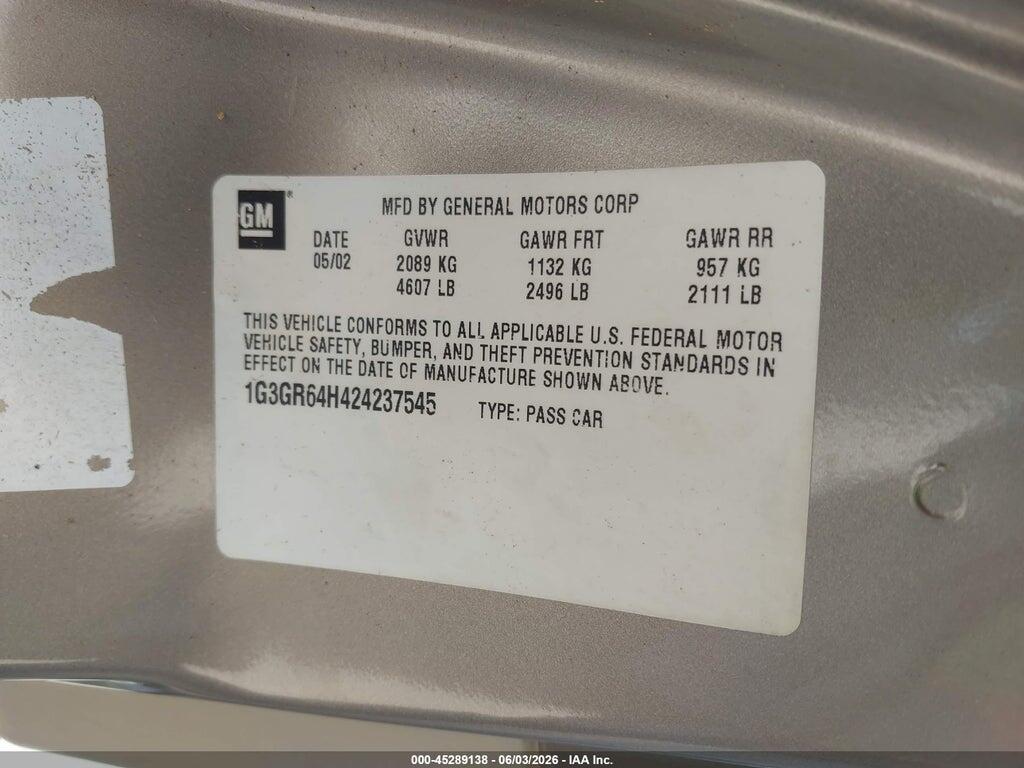 1G3GR64H424237545 2002 OLDSMOBILE AURORA photo no. 9