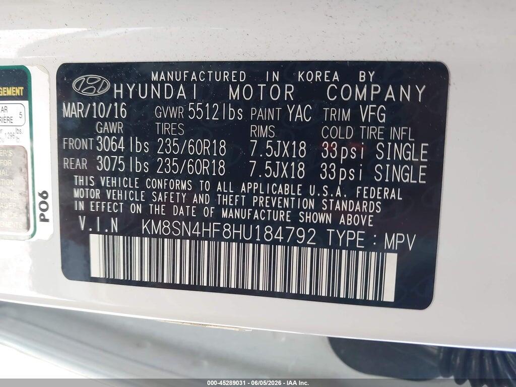 KM8SN4HF8HU184792 2017 HYUNDAI SANTA FE photo no. 9