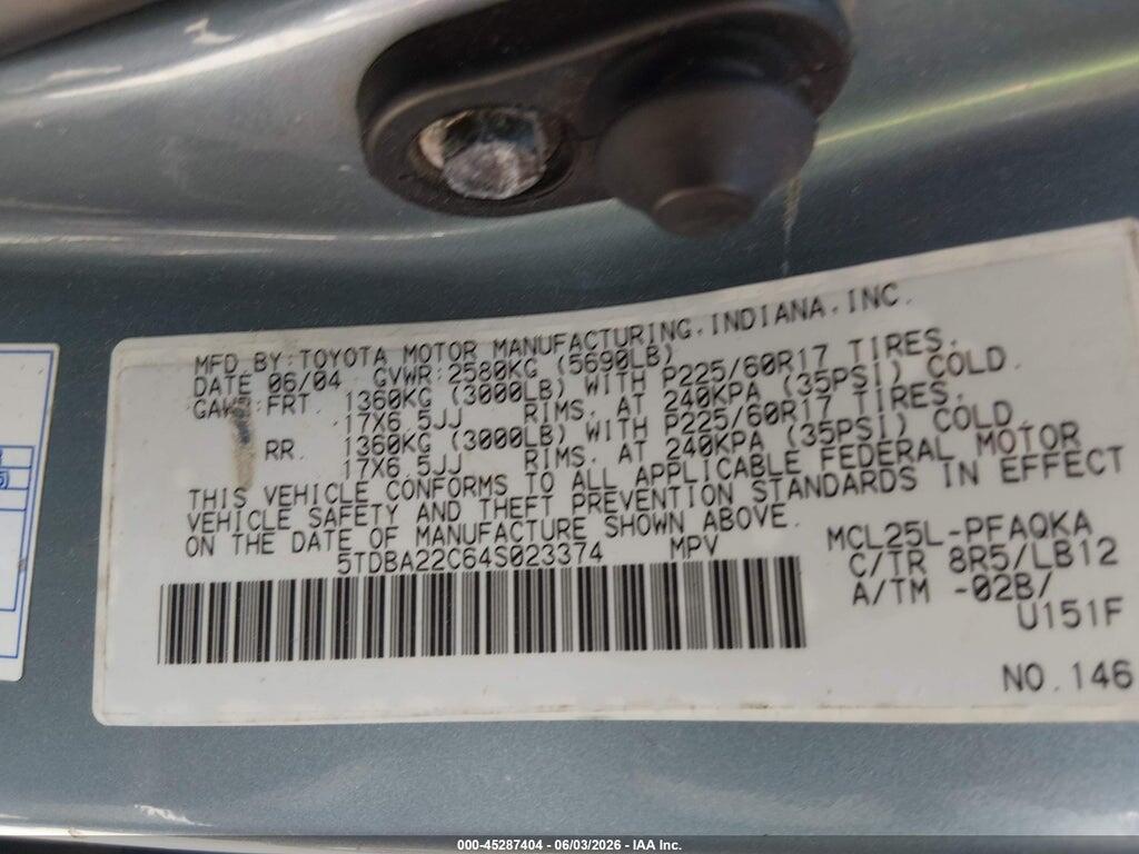 5TDBA22C64S023374 2004 TOYOTA SIENNA photo no. 9