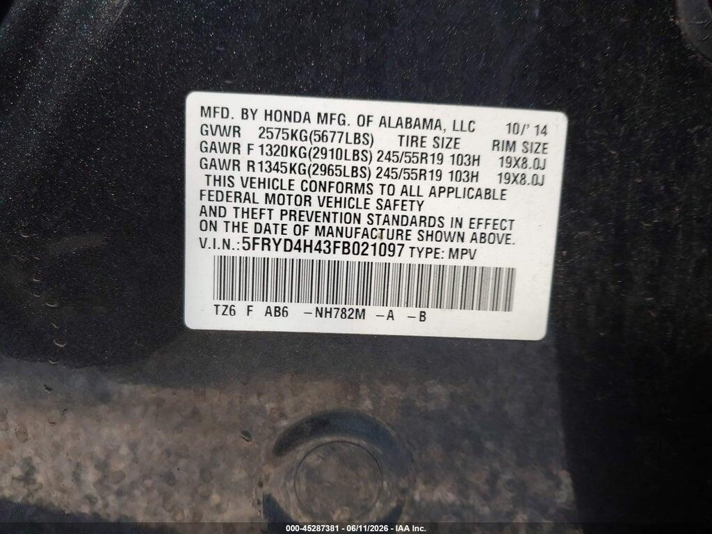 5FRYD4H43FB021097 2015 ACURA MDX photo no. 9