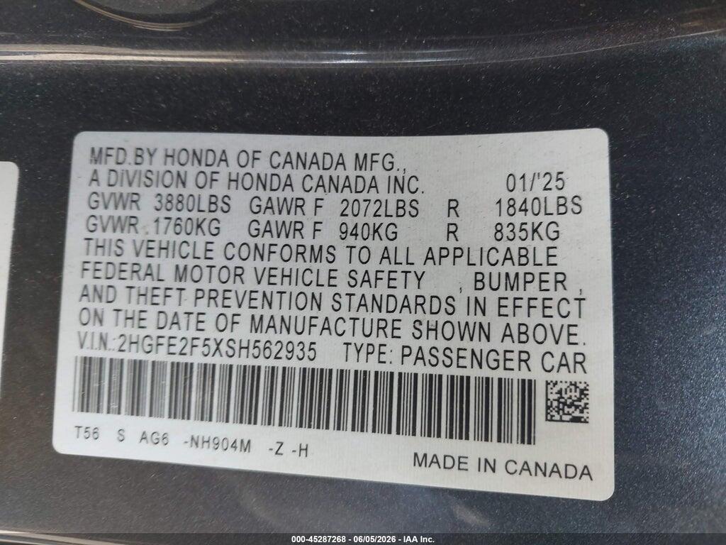 2HGFE2F5XSH562935 2025 HONDA CIVIC photo no. 9