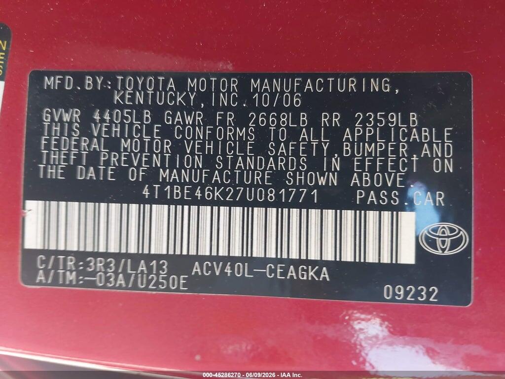 4T1BE46K27U081771 2007 TOYOTA CAMRY photo no. 9