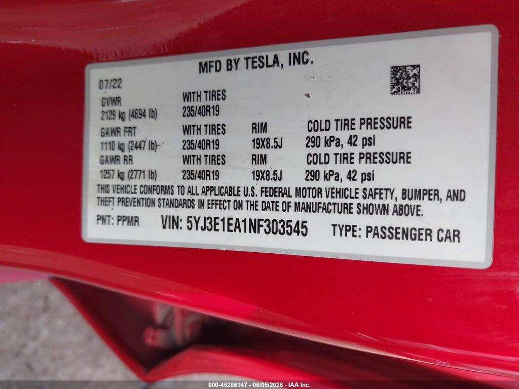 5YJ3E1EA1NF303545 2022 TESLA MODEL 3 photo no. 9
