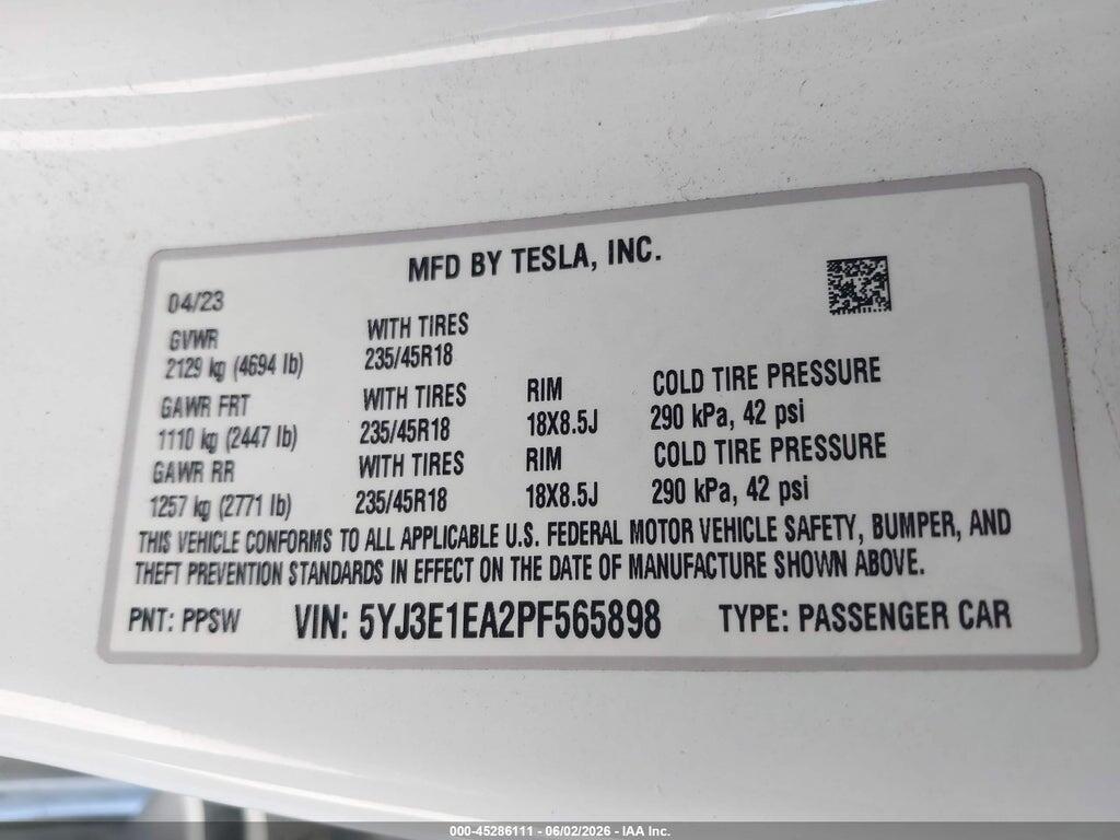 5YJ3E1EA2PF565898 2023 TESLA MODEL 3 photo no. 9