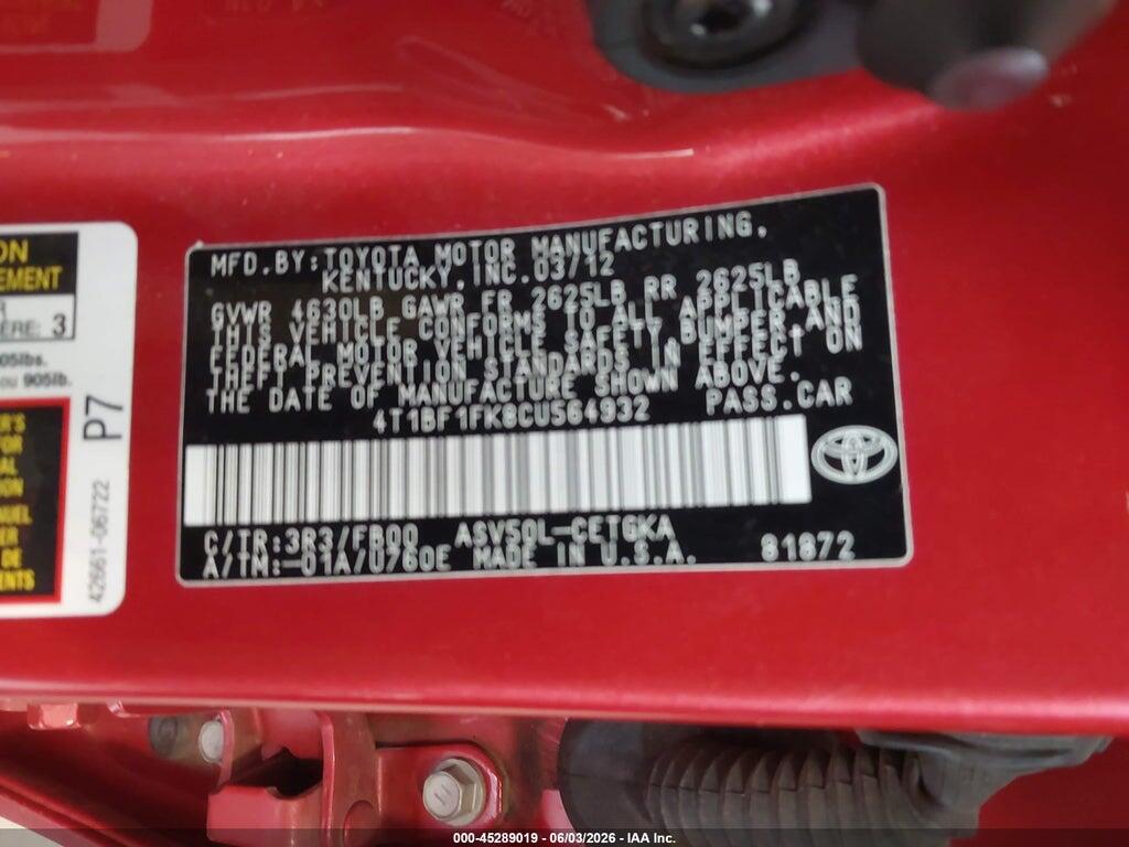 4T1BF1FK8CU564932 2012 TOYOTA CAMRY photo no. 9