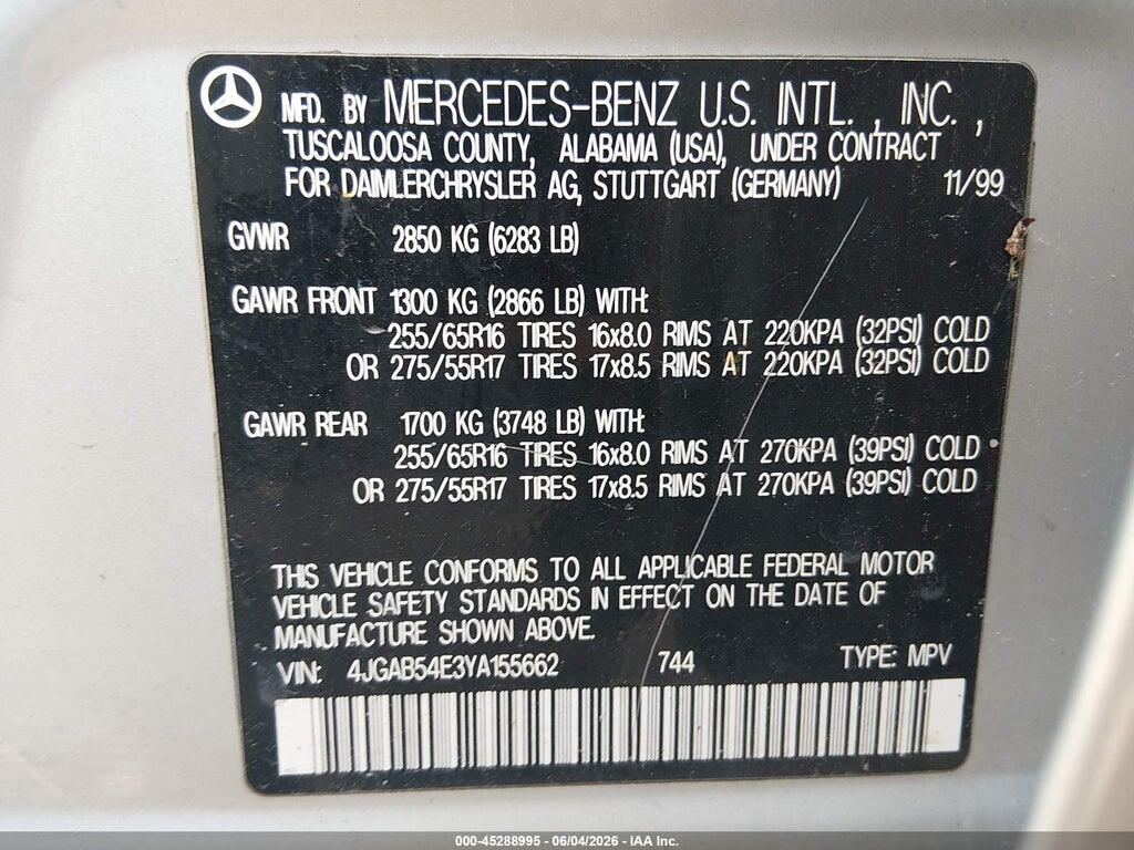 4JGAB54E3YA155662 2000 MERCEDES-BENZ ML 320 photo no. 9